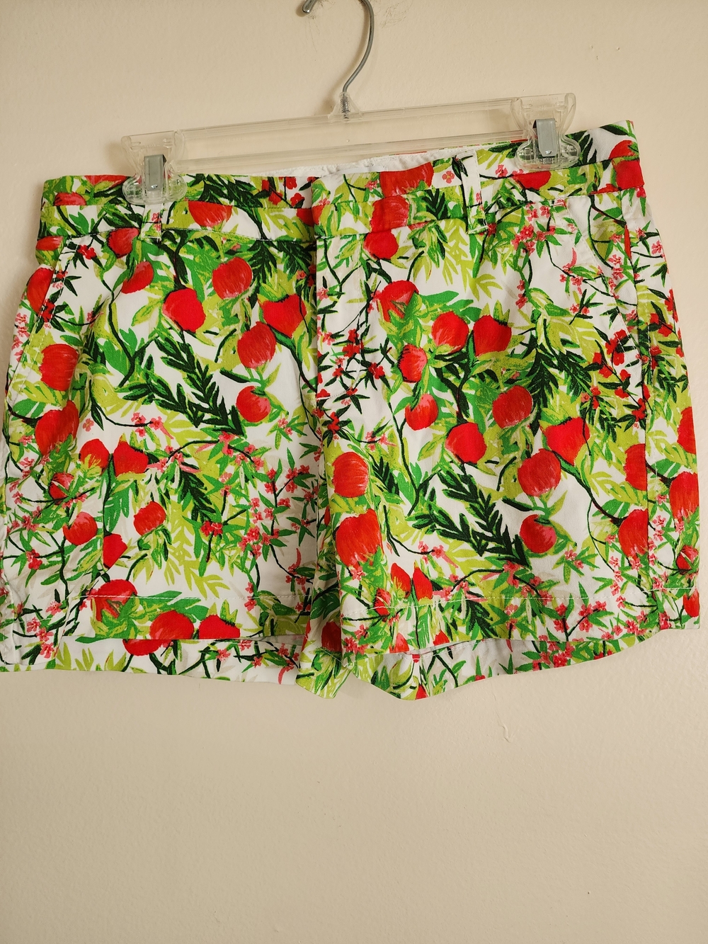 crown & ivy White Floral Print Cotton Shorts with Red & Green Accents